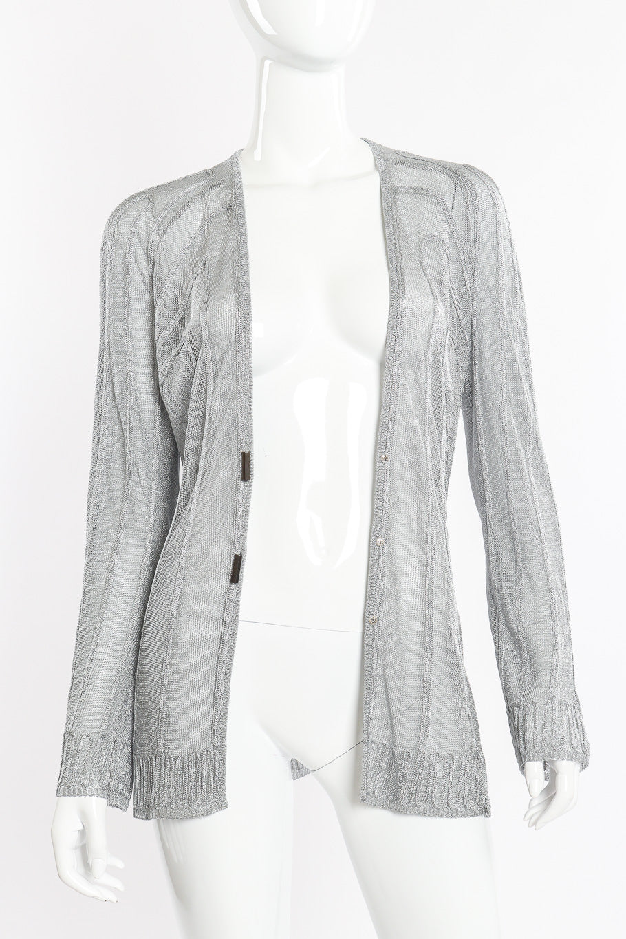 Vintage Thierry Mugler Metallic Cable Knit Cardigan front view on mannequin open @Recessla
