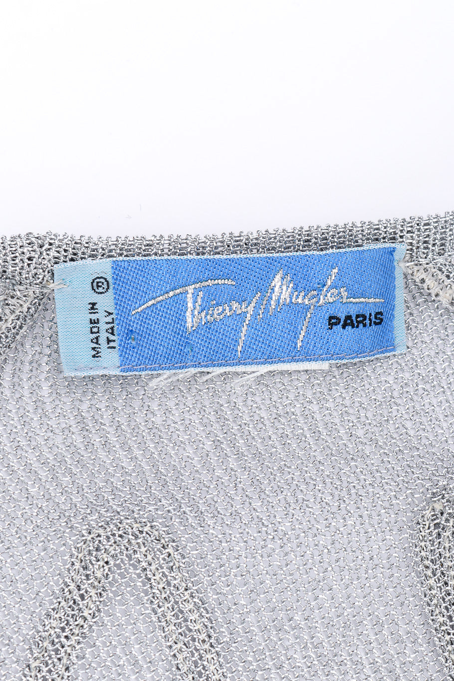 Vintage Thierry Mugler Metallic Cable Knit Cardigan signature label closeup @Recessla