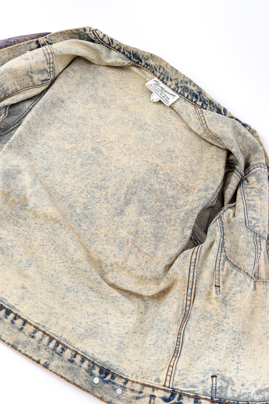 Vintage Tony Alamo The Big Apple Denim Jacket view of jacket inside with staining @Recessla