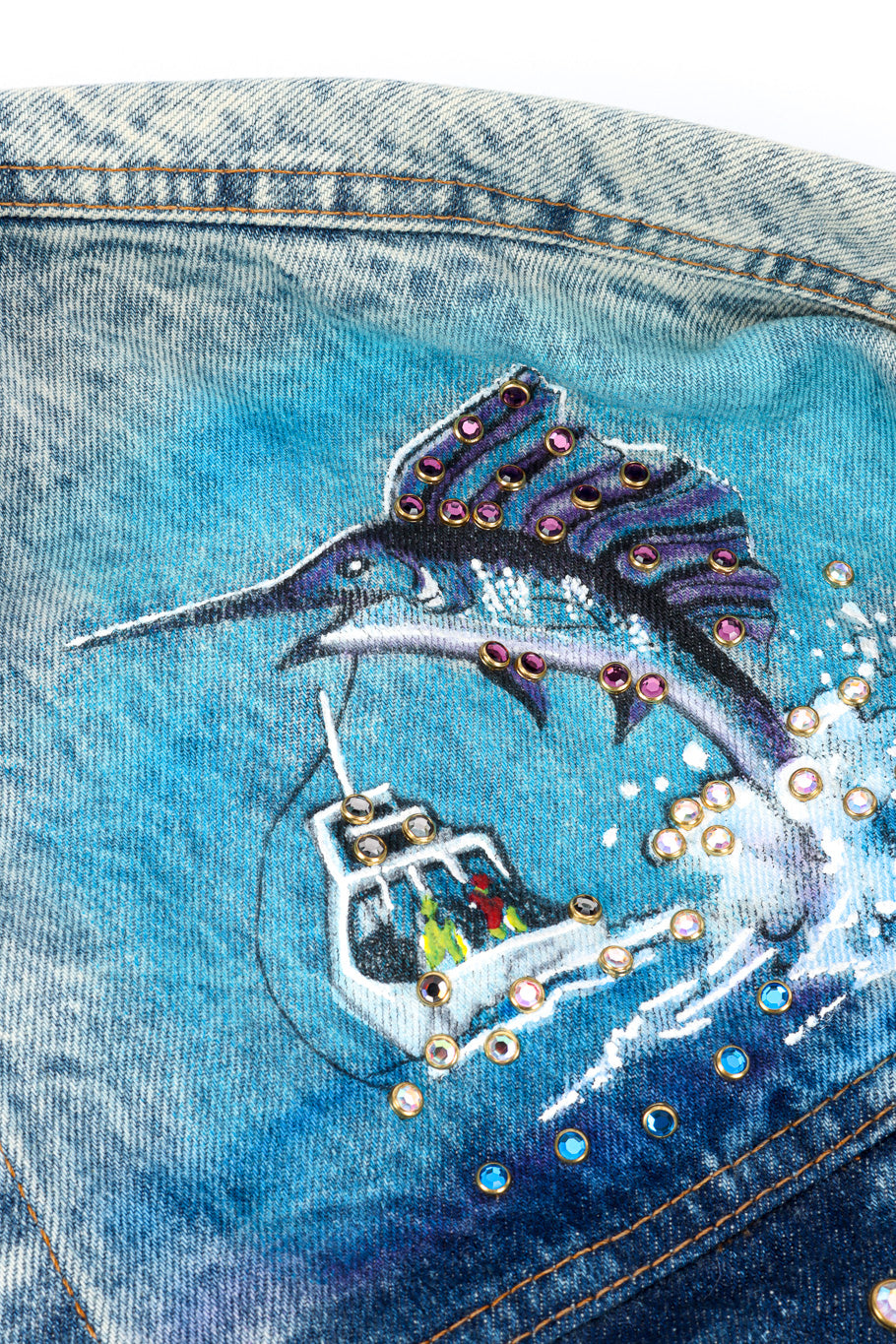 Vintage Tony Alamo Florida Denim Jacket swordfish illustration closeup @Recessla