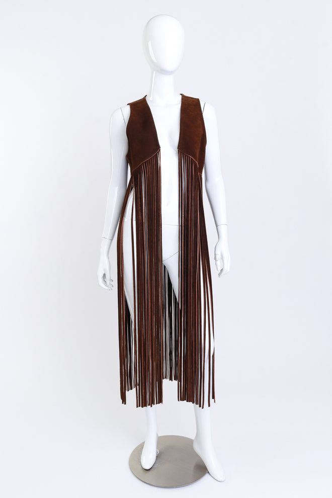Vintage Trapper's Bay Long Fringe Suede Vest front on mannequin @recess la