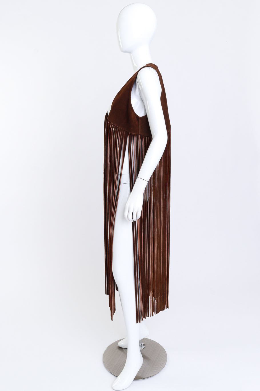 Vintage Trapper's Bay Long Fringe Suede Vest side on mannequin @recess la