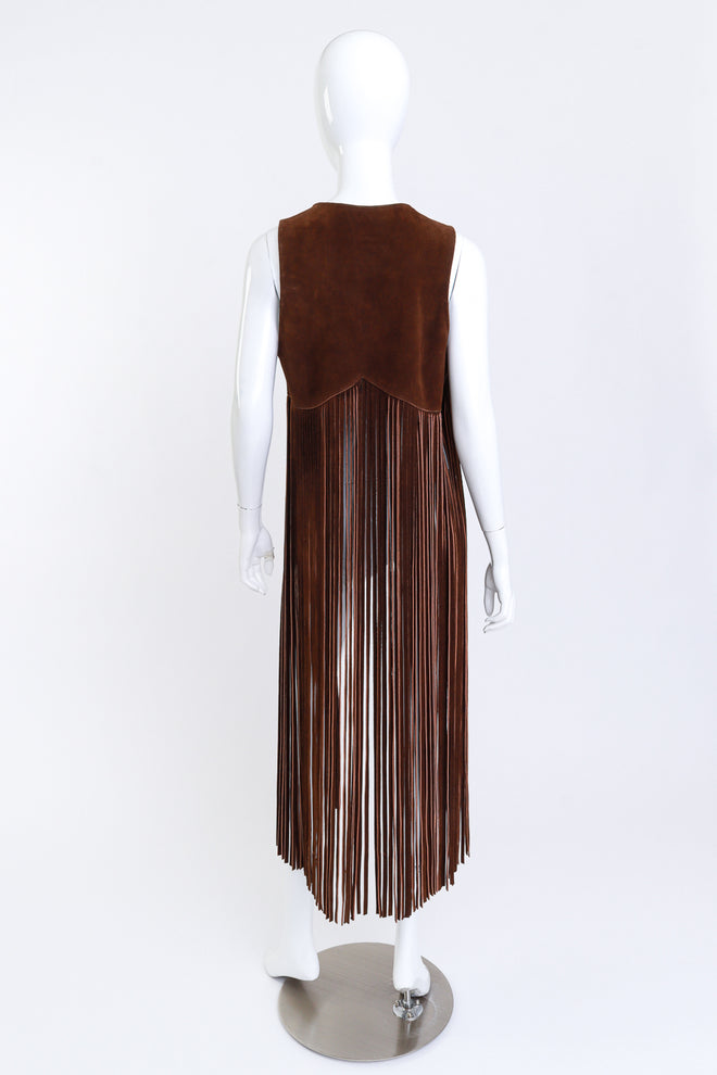 Vintage Trapper's Bay Long Fringe Suede Vest back on mannequin @recess la