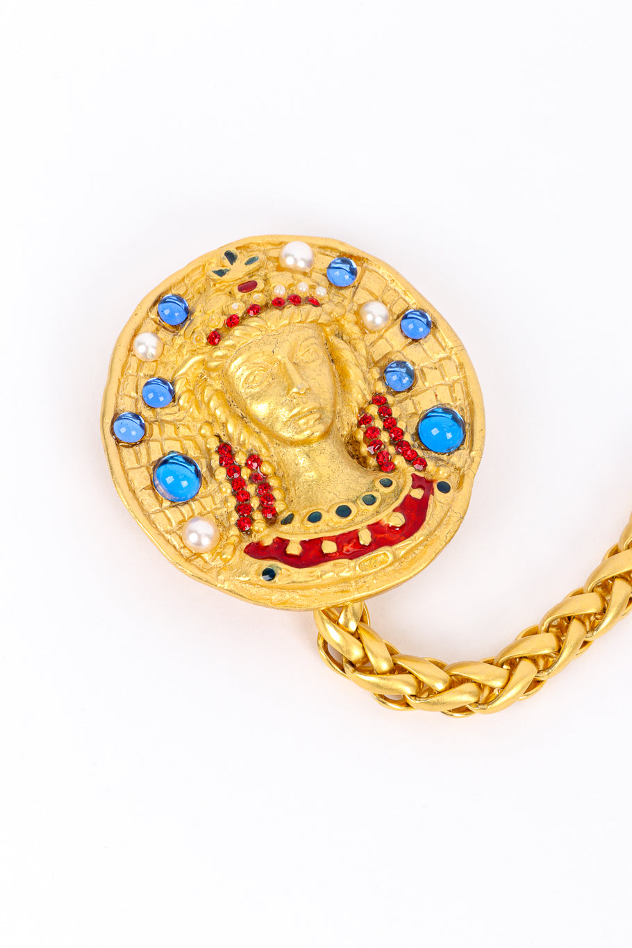 Vintage Ugo Correani Double Pin Chain Brooch medallion pendant closeup @recess la