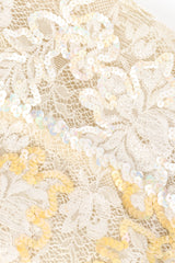 Vintage Ungaro cream lace, sequin, beading and fringe cocktail dress close up detail of fabric and sequin details @Recess LA