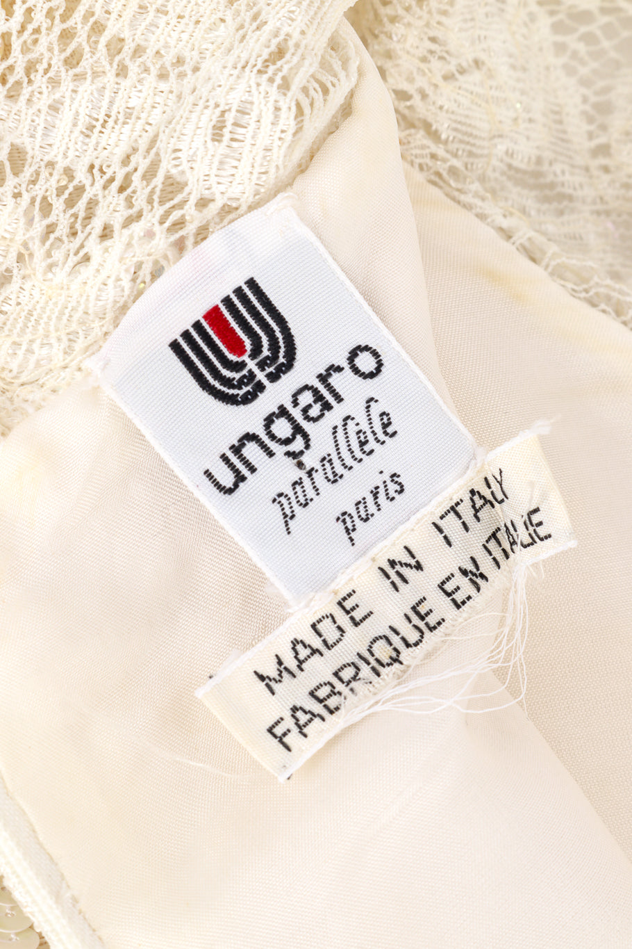 Vintage Ungaro cream lace, sequin, beading and fringe cocktail dress close up view of Ungaro label @Recess LA