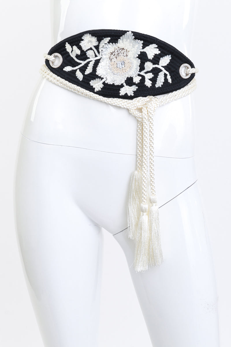 Valentino Silk Floral Beaded Tassel Belt on mannequin @recess la