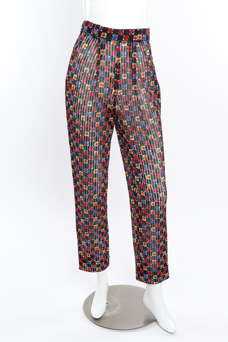 Vintage Gianni Versace Cord Mesh Checkered Rose Pant front view on mannequin @Recessla