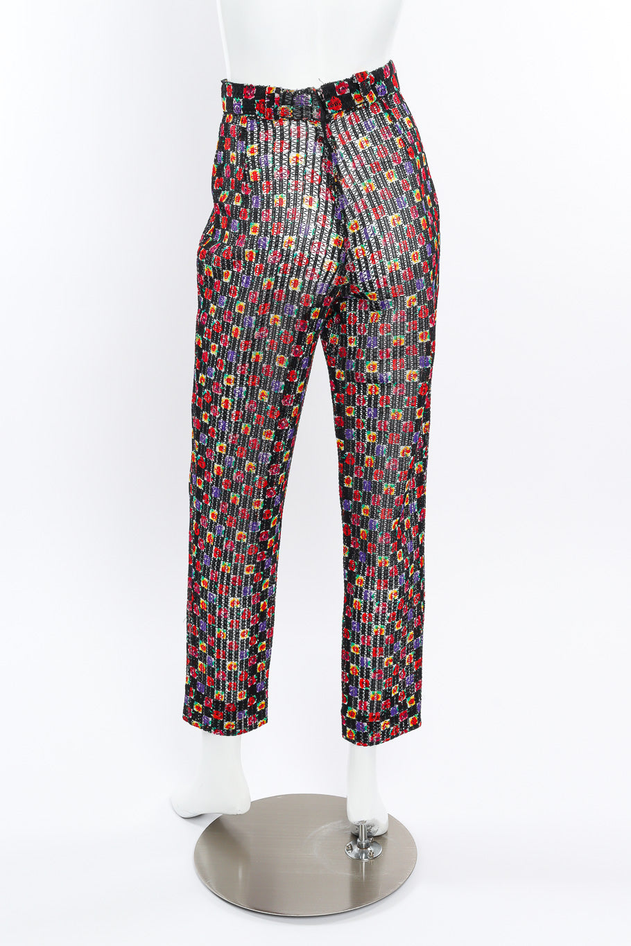 Vintage Gianni Versace Cord Mesh Checkered Rose Pant back view on mannequin @Recessla