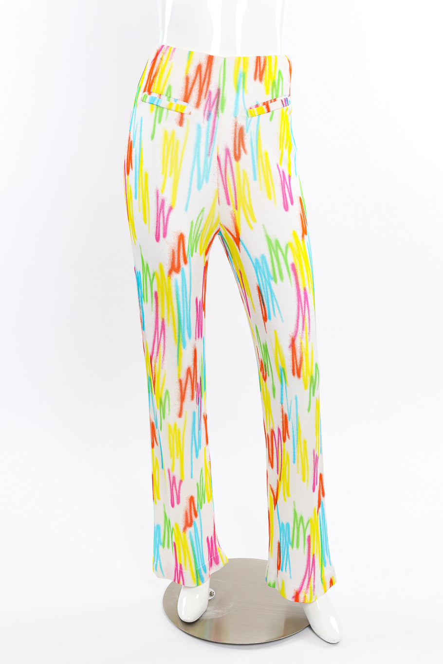 Vintage Gianni Versace 1996 SS Neon Scribble Top and Pant Set front view of pant on mannequin @Recessla