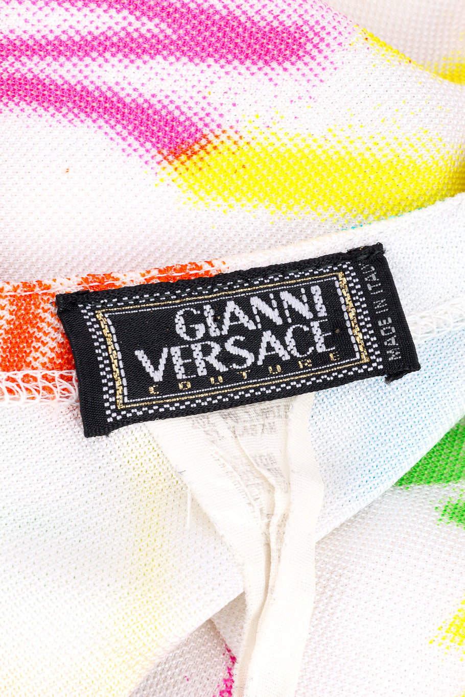 Vintage Gianni Versace 1996 SS Neon Scribble Top and Pant Set top signature label closeup @Recessla