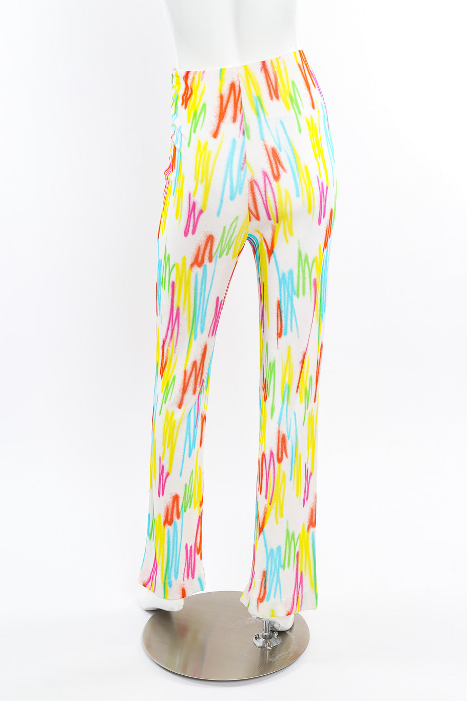 Vintage Gianni Versace 1996 SS Neon Scribble Top and Pant Set back view of pant on mannequin @Recessla