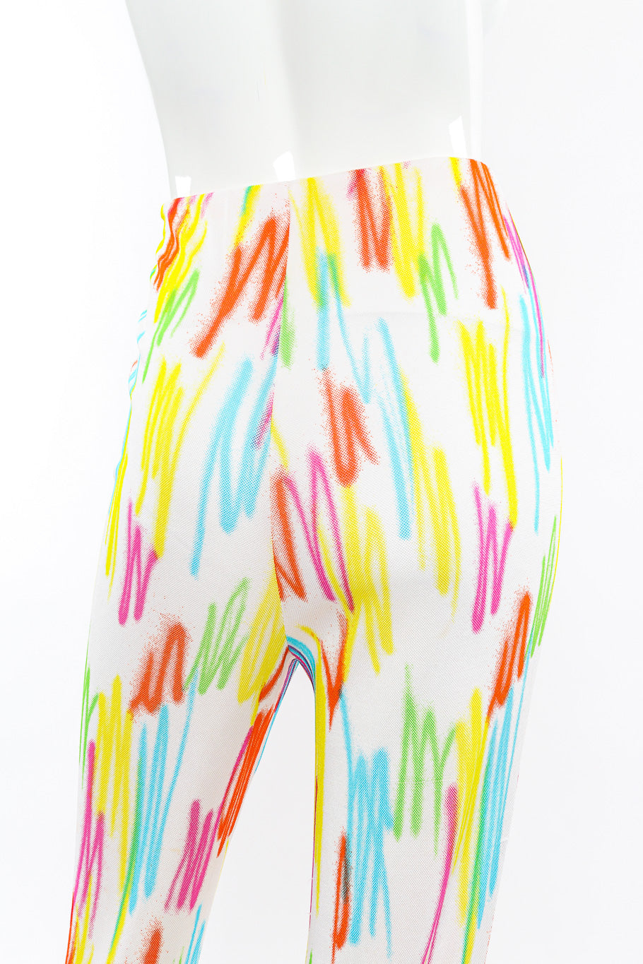 Vintage Gianni Versace 1996 SS Neon Scribble Top and Pant Set back view of pant waist on mannequin closeup @Recessla