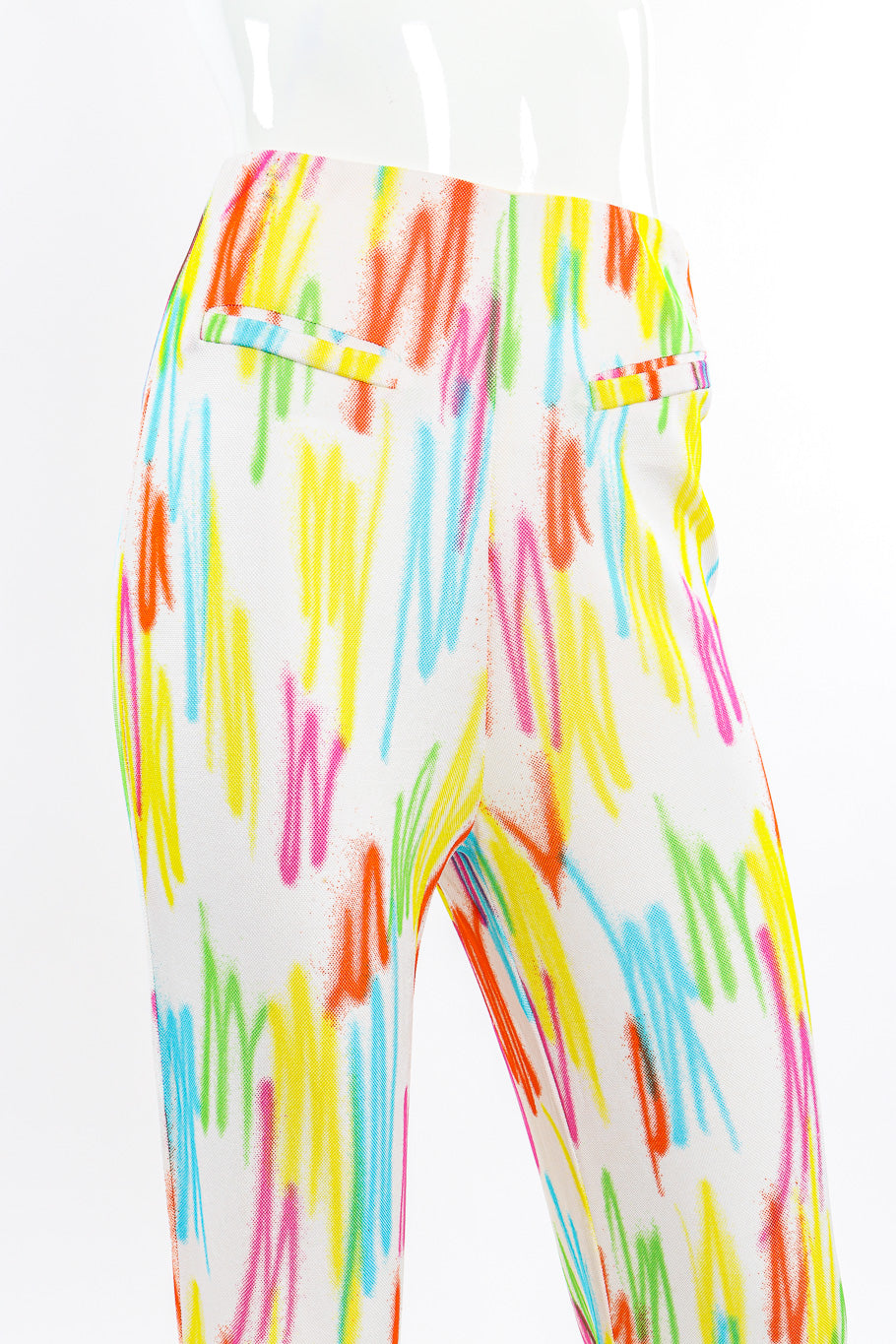 Vintage Gianni Versace 1996 SS Neon Scribble Top and Pant Set front view of pant waist on mannequin closeup @Recessla