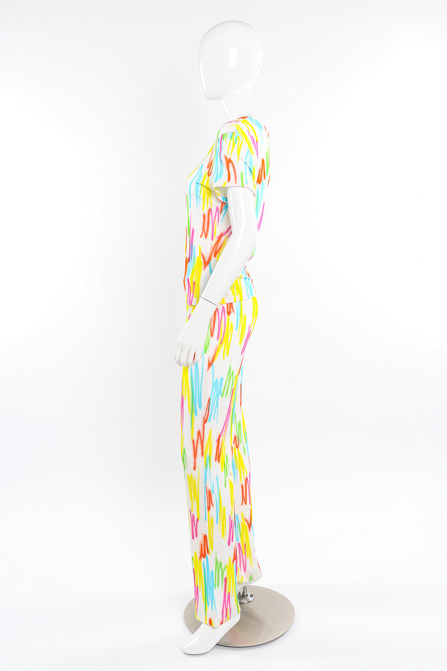 Vintage Gianni Versace 1996 SS Neon Scribble Top and Pant Set side view on mannequin @Recessla