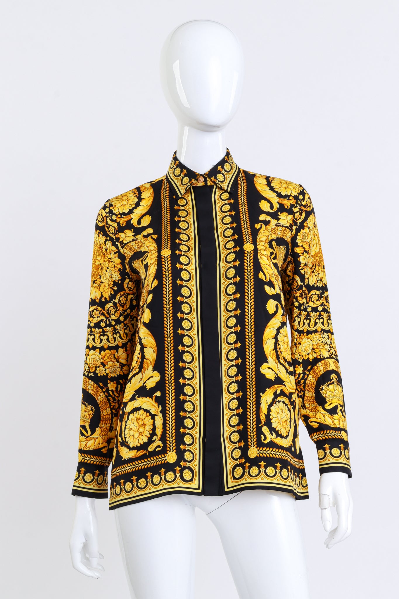 Versace Baroque Crown Silk Button Up front on mannequin @recess la