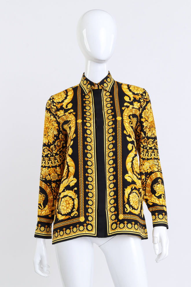 Versace Baroque Crown Silk Button Up front on mannequin @recess la