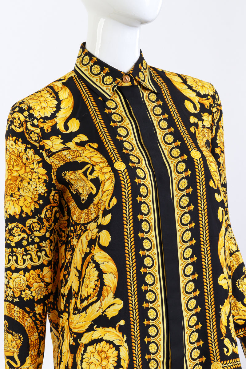 Versace Baroque Crown Silk Button Up front on mannequin closeup @recess la