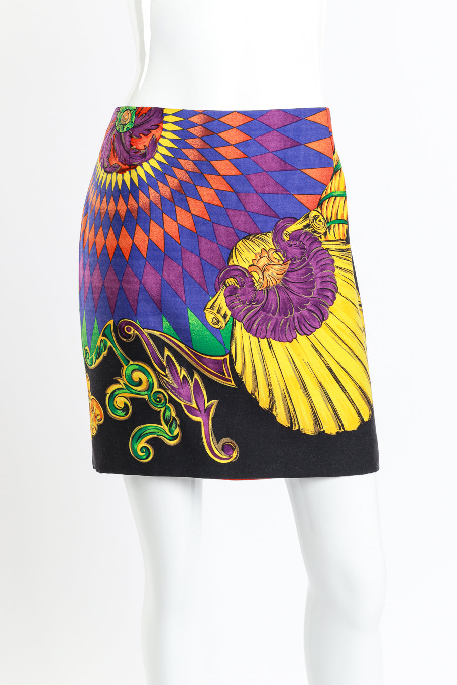 Versace 1991 Cornucopia of Prints Skirt Suit skirt on mannequin @RECESS LA
