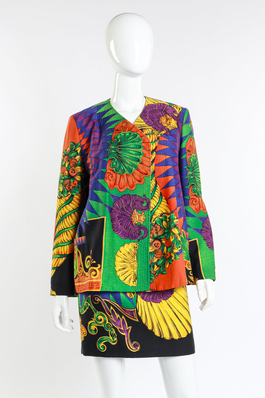 Versace 1991 Cornucopia of Prints Skirt Suit on mannequin @RECESS LA