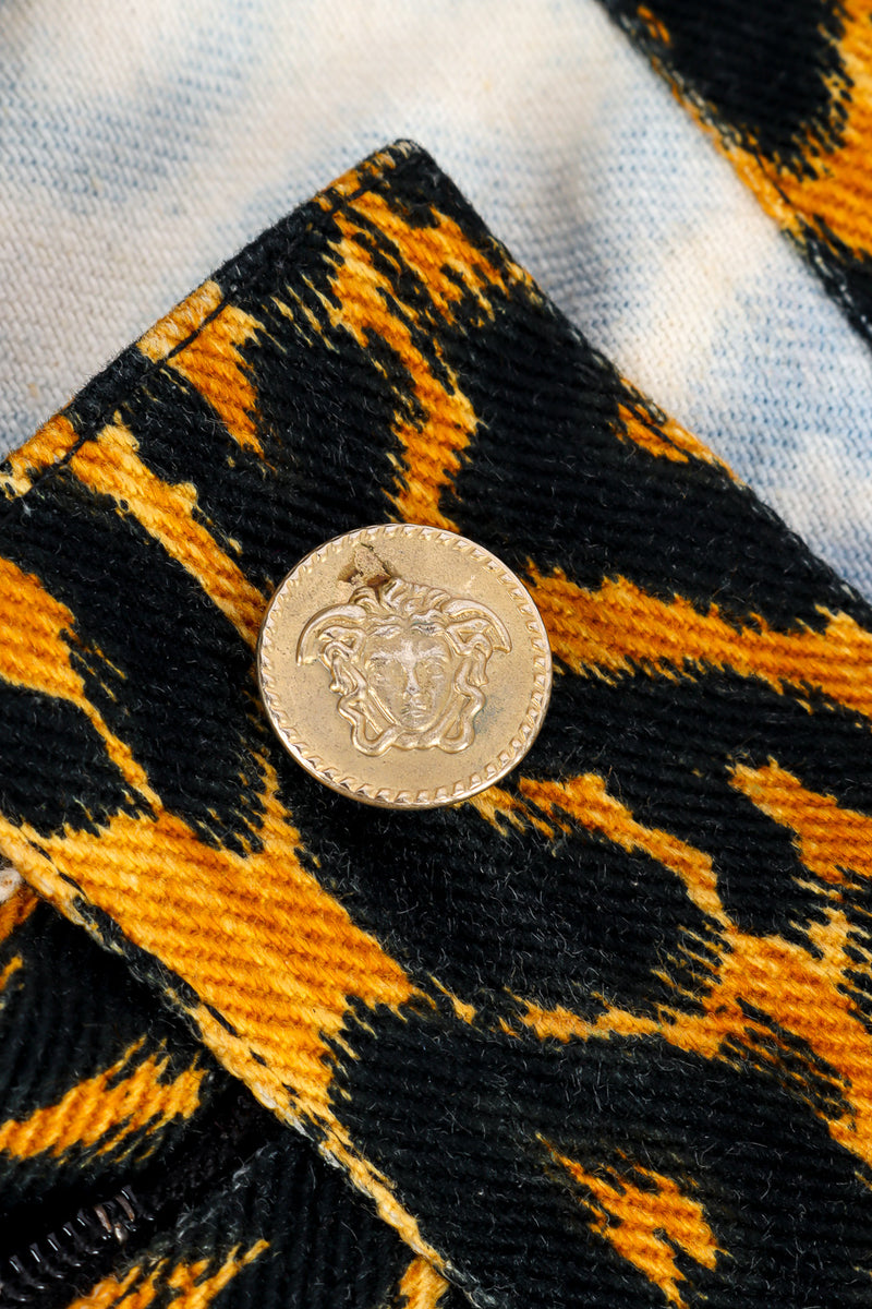 Versus Versace Leopard Print Denim Pant medallion button closeup @Recessla