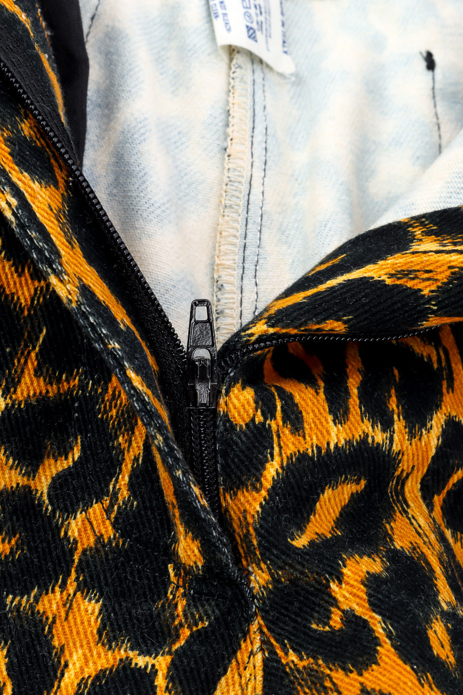 Versus Versace Leopard Print Denim Pant center front zip fly closeup @Recessla