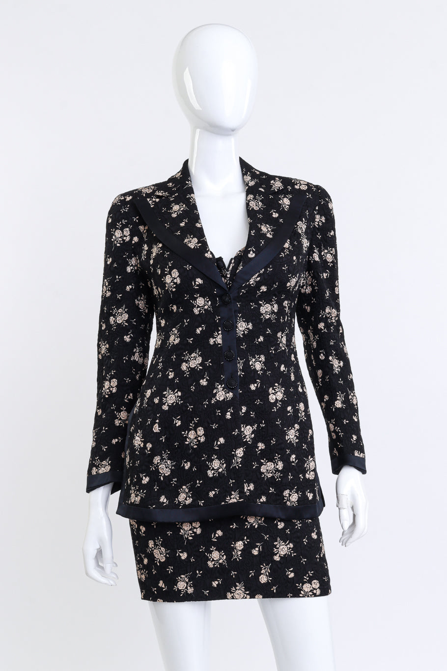 Vintage Valentino Quilted Floral Jacket, Top & Skirt Set front on mannequin @recess la