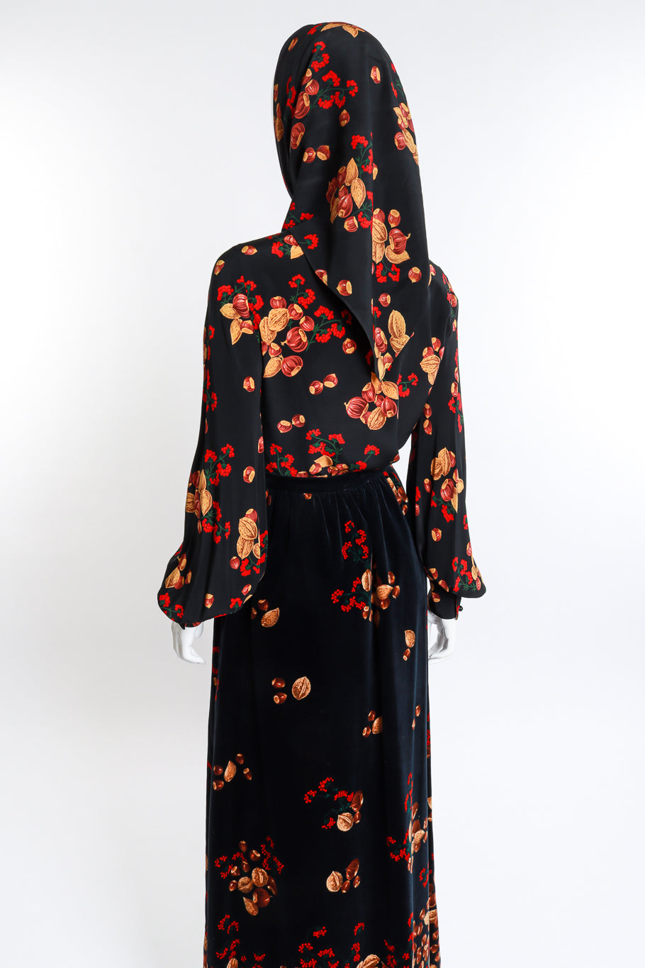 Vintage Valentino Chestnut Silk Shirt with Scarf & Velvet Skirt Twin Set back view as worn on mannequin @Recess LA