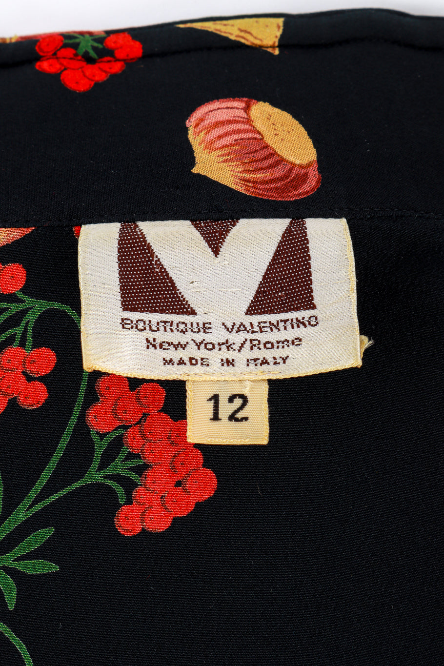 Vintage Valentino Chestnut Silk Shirt with Scarf & Velvet Skirt Twin Set flat lay close up of the shirt makers label reading 