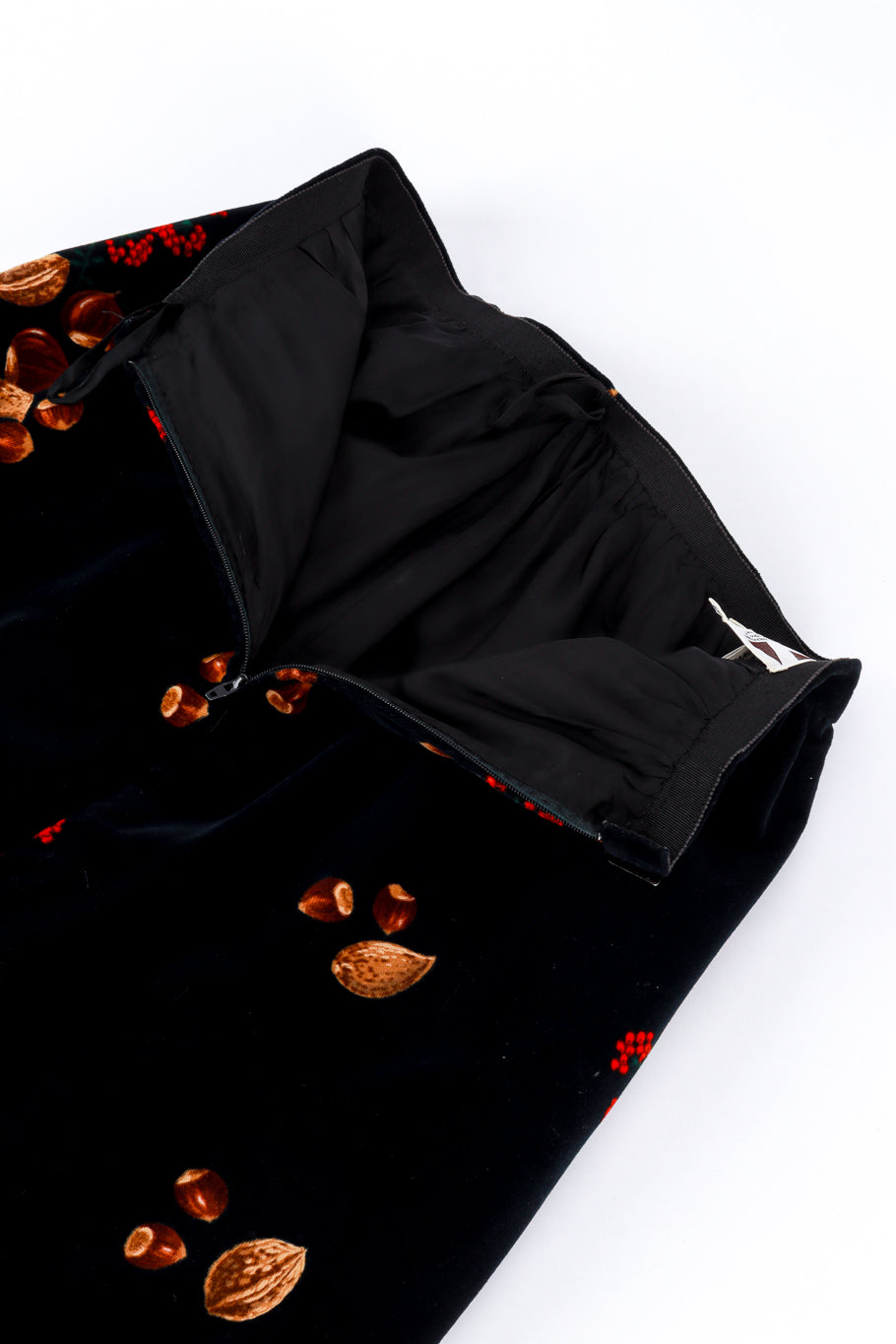 Vintage Valentino Chestnut Silk Shirt with Scarf & Velvet Skirt Twin Set flat lay detail of the skirt zip closure @Recess LA