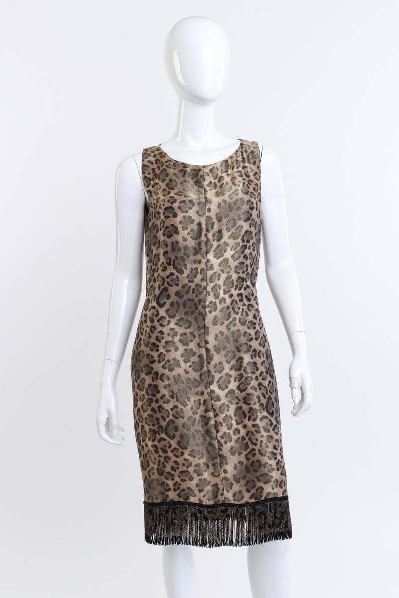 Vintage Valentino Iridescent Leopard Print Fringe Dress front on mannequin @recess la