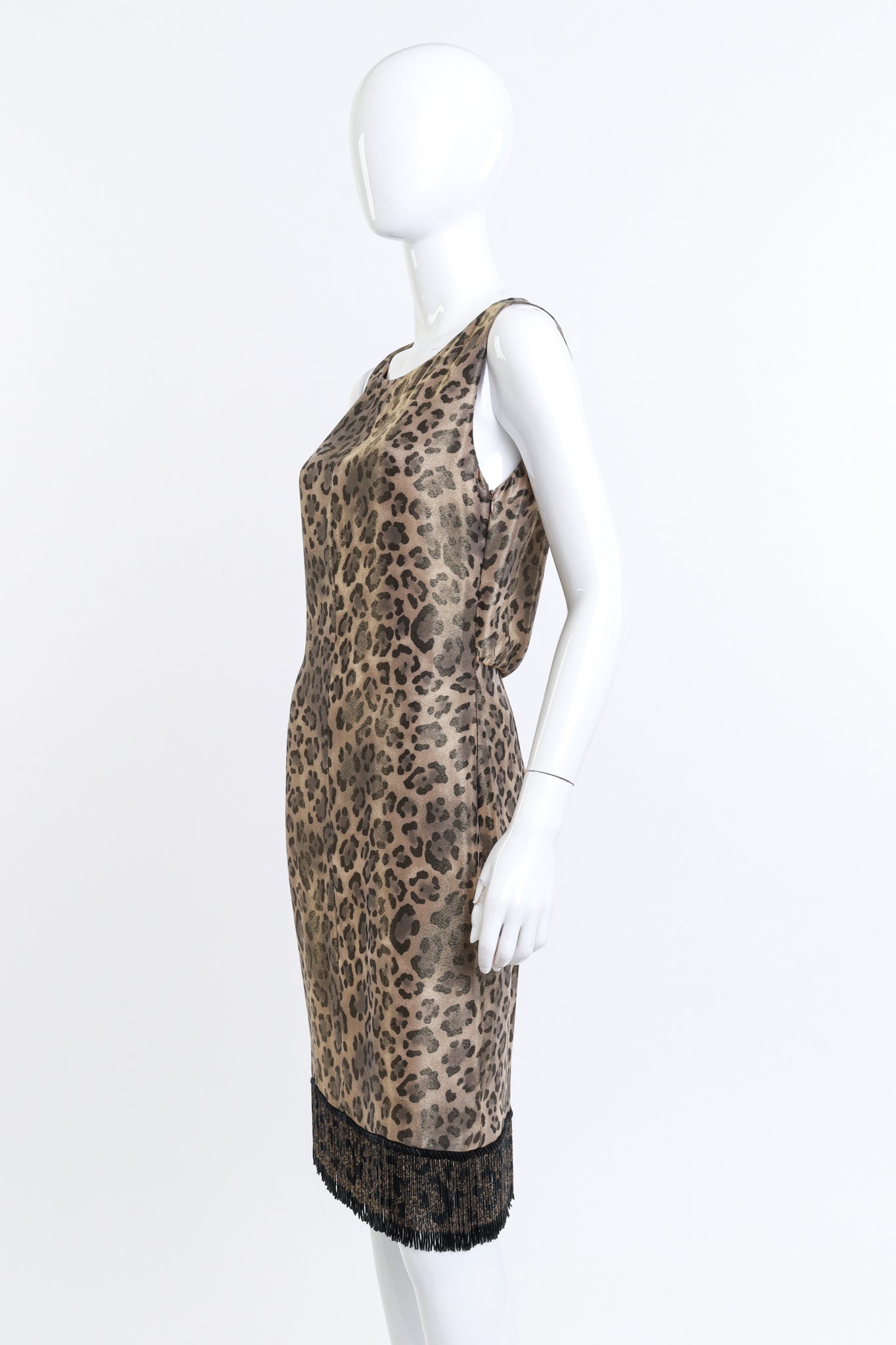 Vintage Valentino Iridescent Leopard Print Fringe Dress side on mannequin @recess la