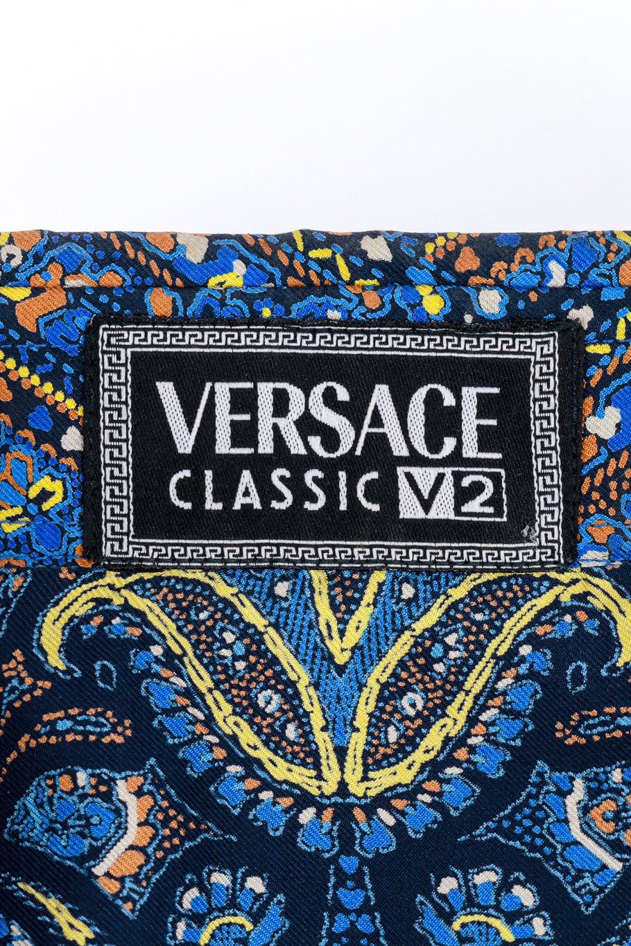 Vintage Versace Classic V2 Paisley Print Blouse signature label closeup @recess la