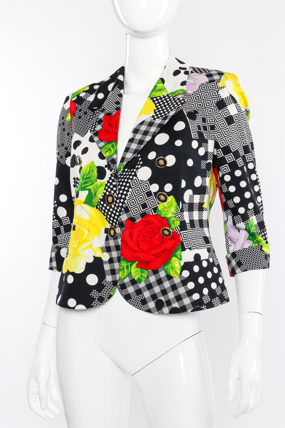 Vintage Versus Versace Floral Checkered Print Jacket front view on mannequin closeup @Recessla