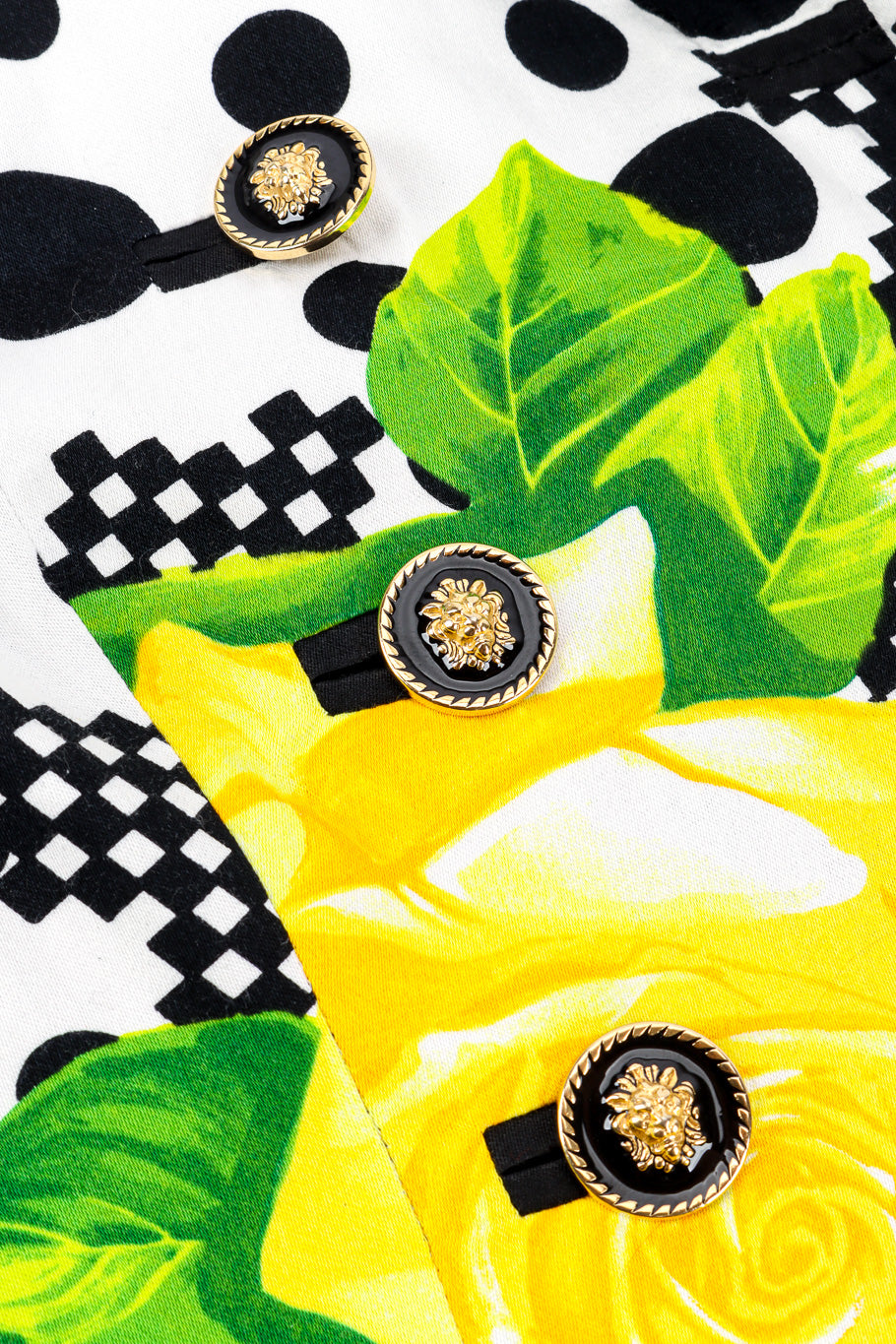 Vintage Versus Versace Floral Checkered Print Jacket medallion button closure closeup @Recessla