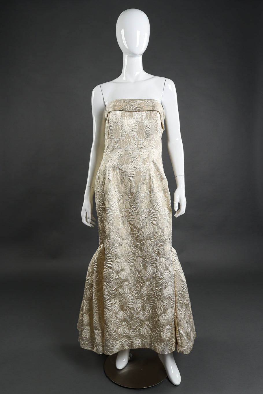 Vintage Victor Costa Strapless Floral Lamé Gown front on mannequin @recess la