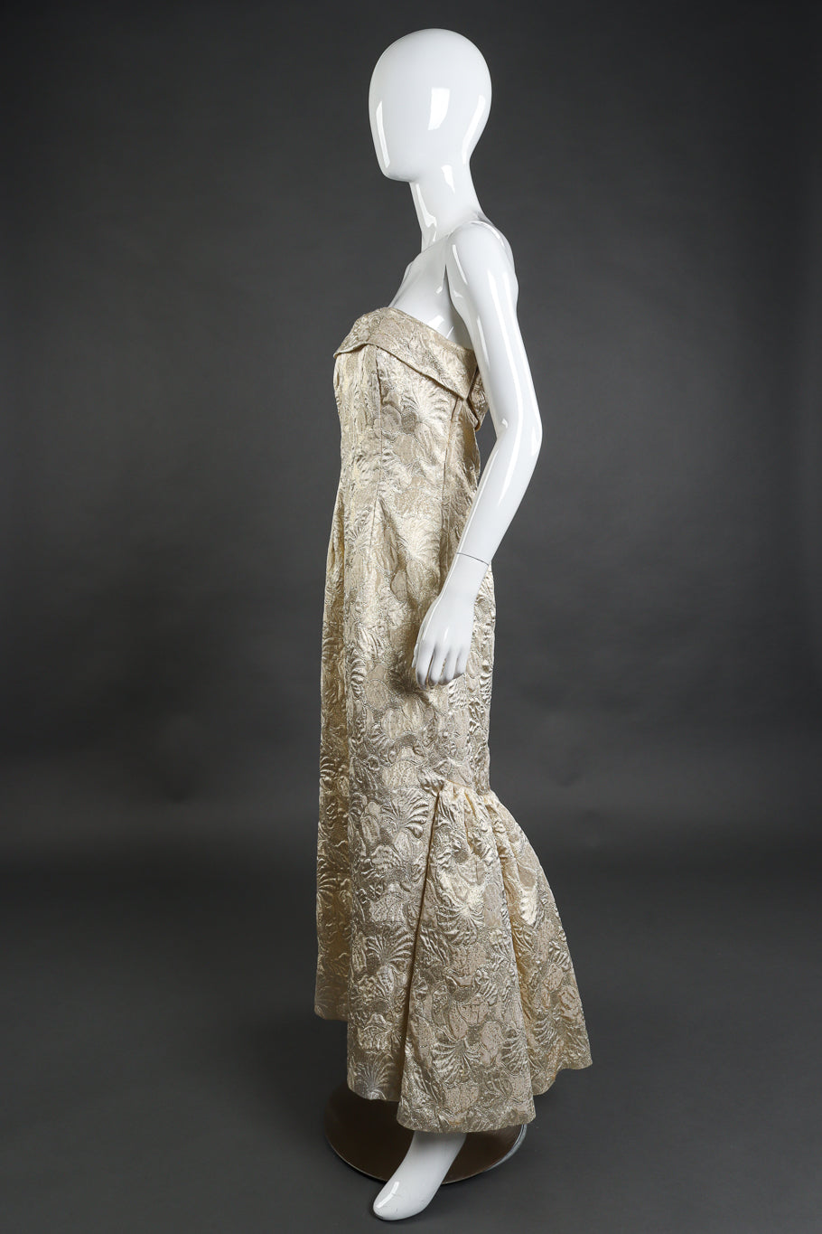 Vintage Victor Costa Strapless Floral Lamé Gown side on mannequin @recess la