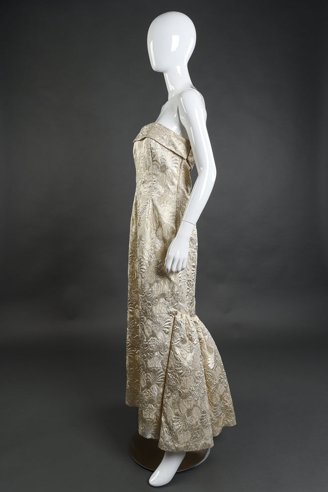 Vintage Victor Costa Strapless Floral Lamé Gown side on mannequin @recess la