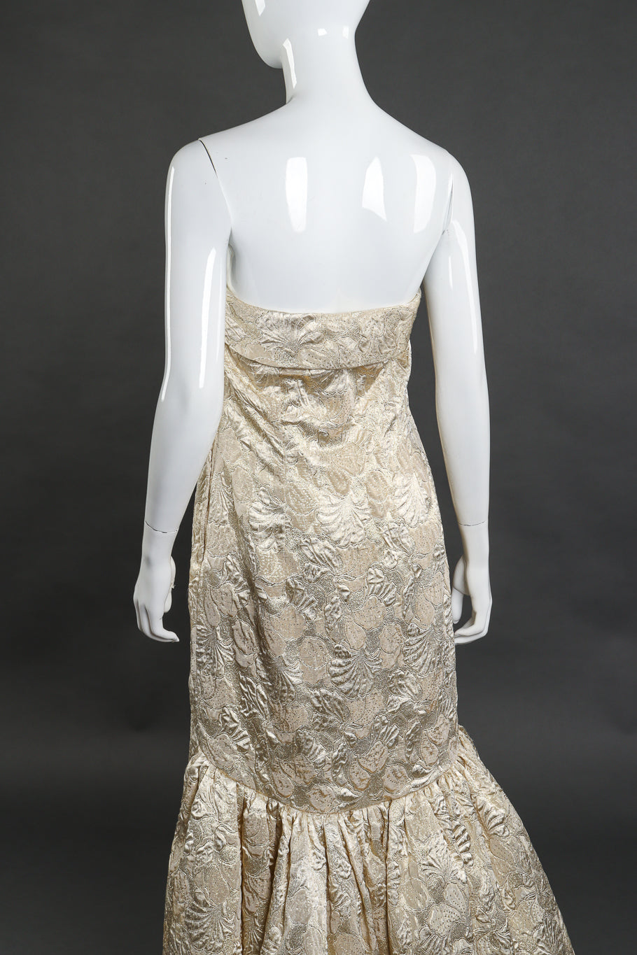Vintage Victor Costa Strapless Floral Lamé Gown back on mannequin closeup @recess la