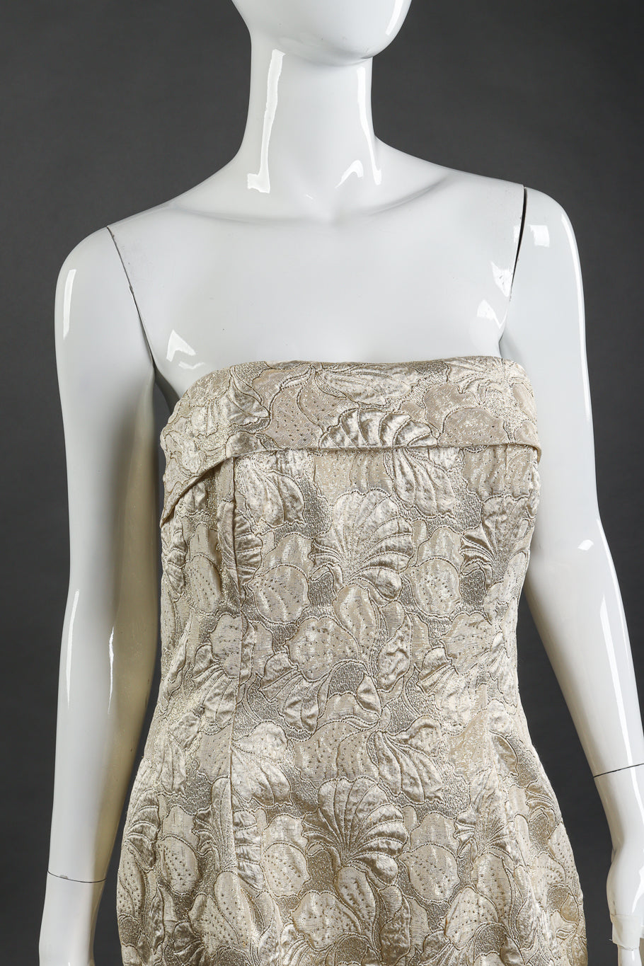 Vintage Victor Costa Strapless Floral Lamé Gown front on mannequin closeup @recess la