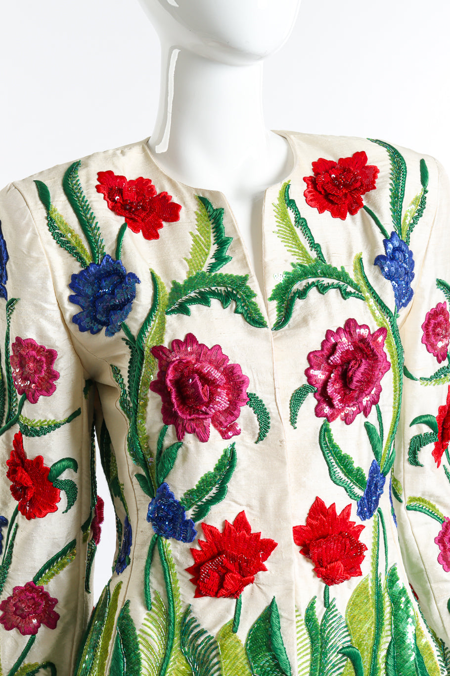 Vintage Victor Costa Sequin Flower Garden Jacket front on mannequin closeup @recess la