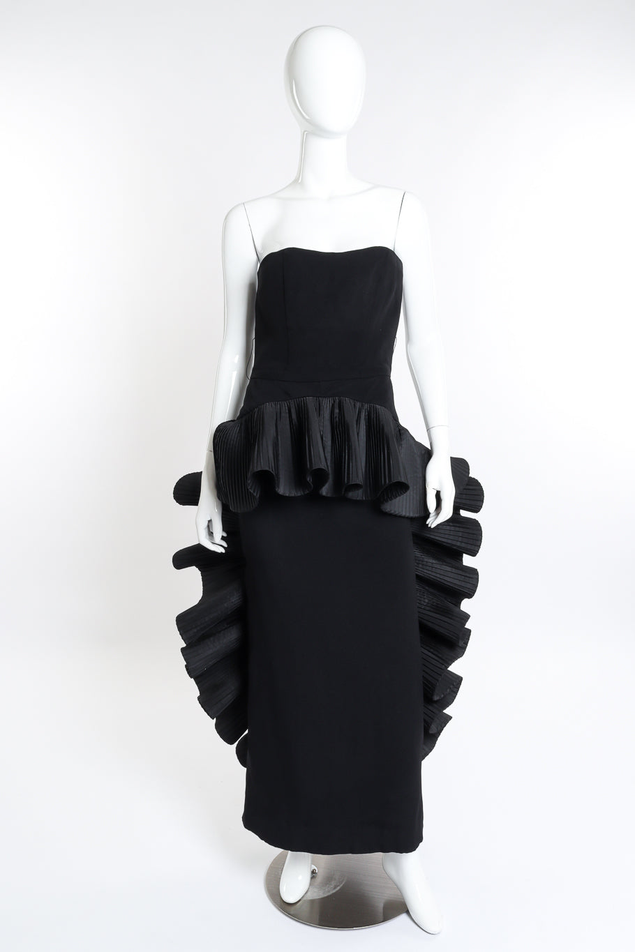 Vintage Victor Costa Strapless Pleated Peplum Dress front on mannequin @recess la 