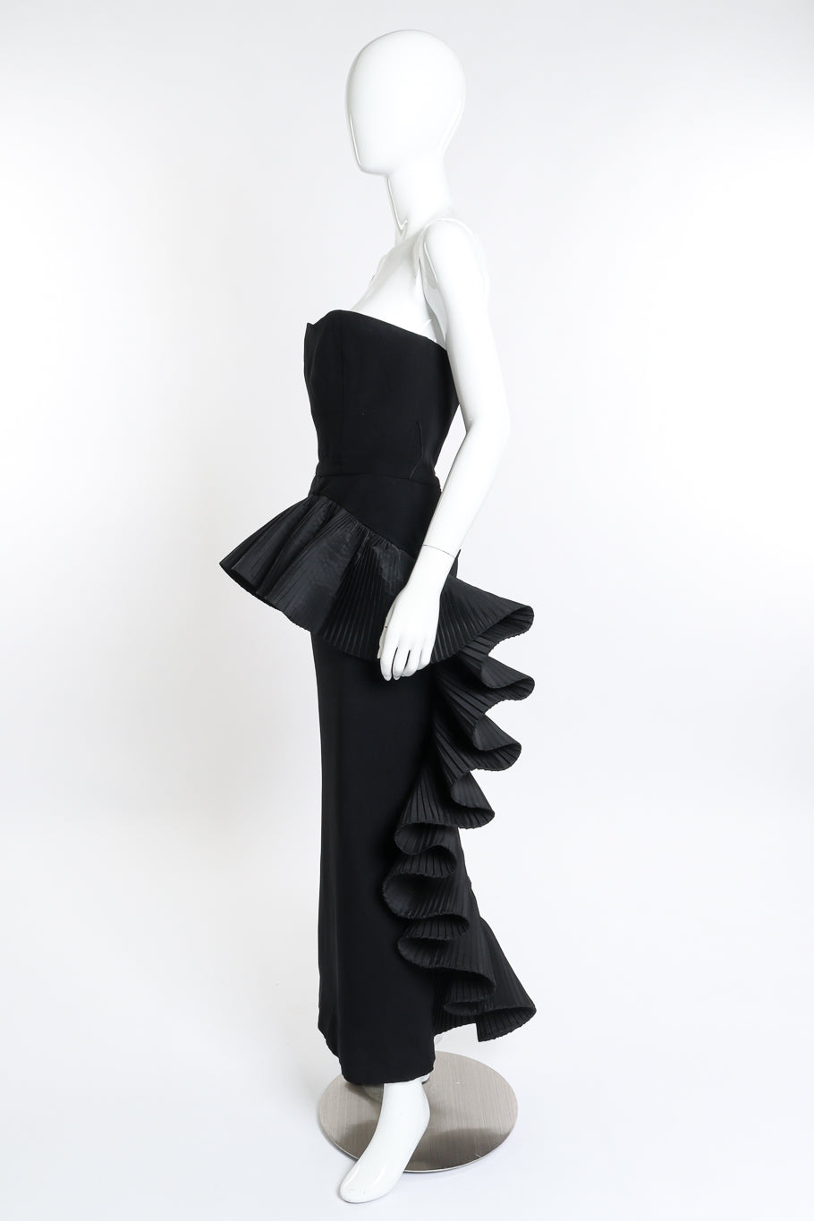 Vintage Victor Costa Strapless Pleated Peplum Dress side on mannequin @recess la