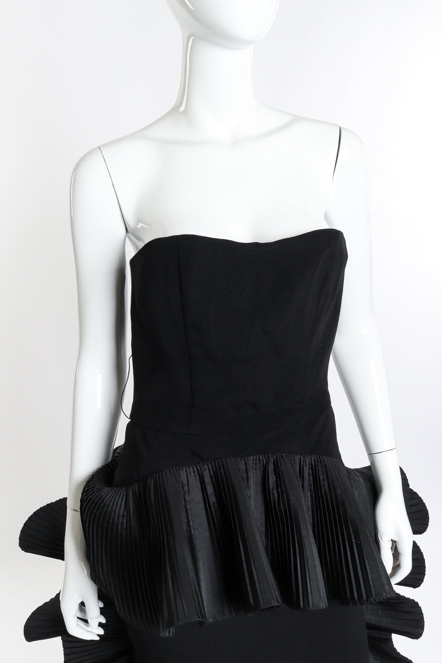  Vintage Victor Costa Strapless Pleated Peplum Dress front on mannequin closeup @recess la