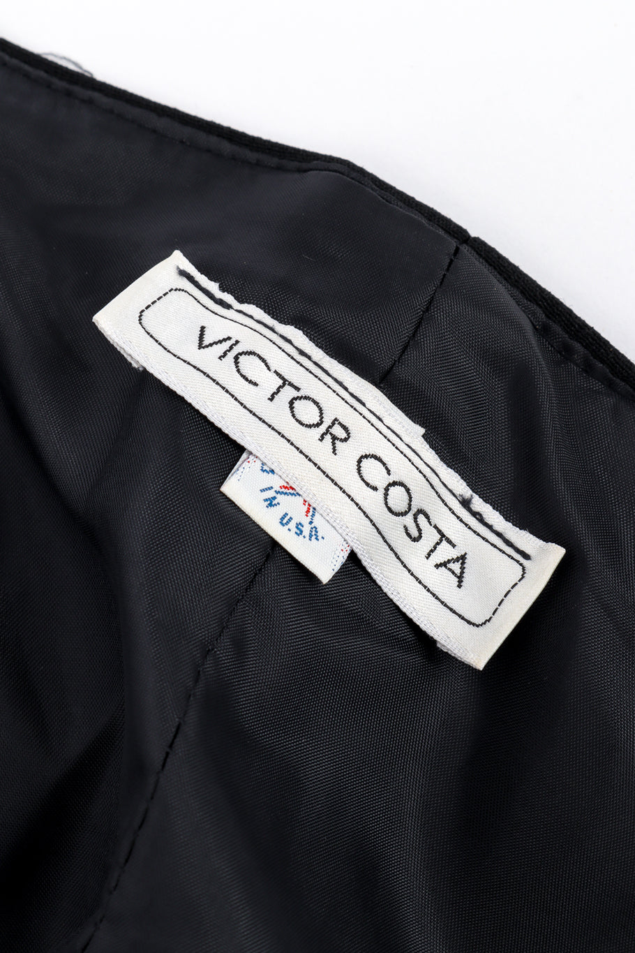 Vintage Victor Costa Strapless Pleated Peplum Dress signature label closeup @recess la