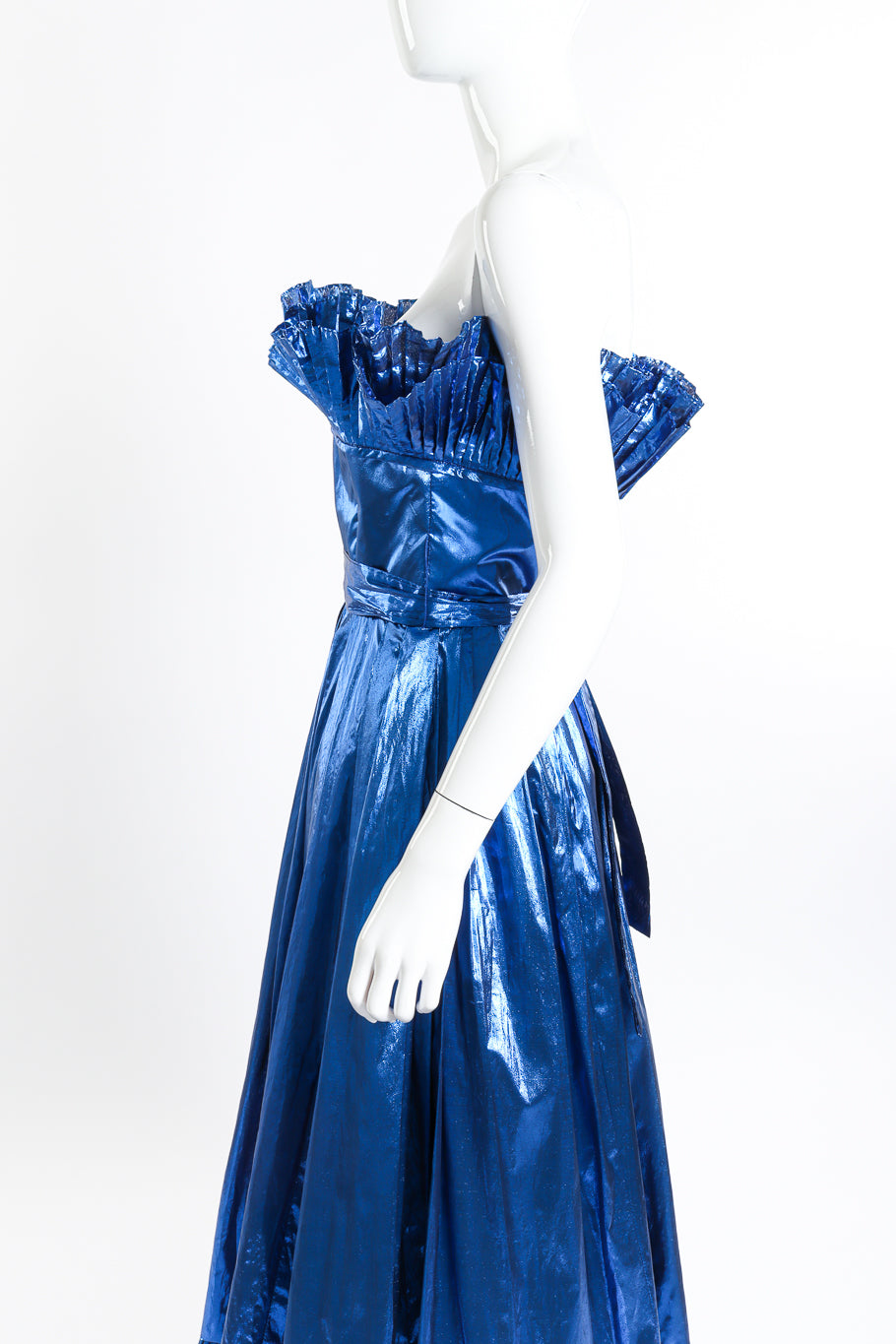 Vintage Victor Costa Metallic Ruffle Gown side on mannequin closeup @recessla
