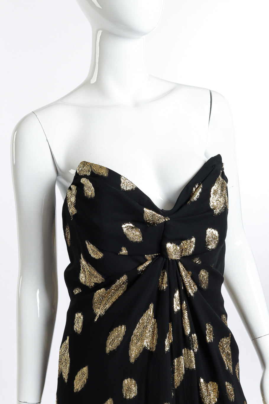 Vintage Victor Costa Strapless Lamé Leaf Dress front on mannequin closeup @recess la