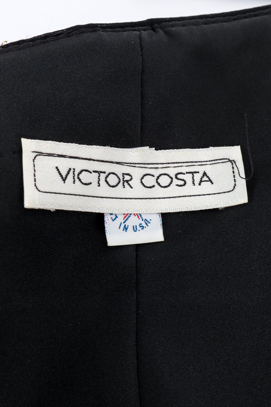Vintage Victor Costa Strapless Lamé Leaf Dress signature label closeup @recess la