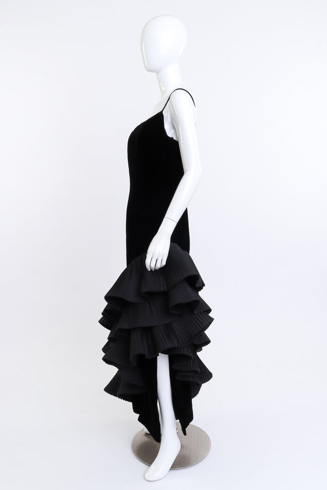 Vintage Victor Costa Asymmetric Ruffle Velvet Dress side on mannequin @recess la
