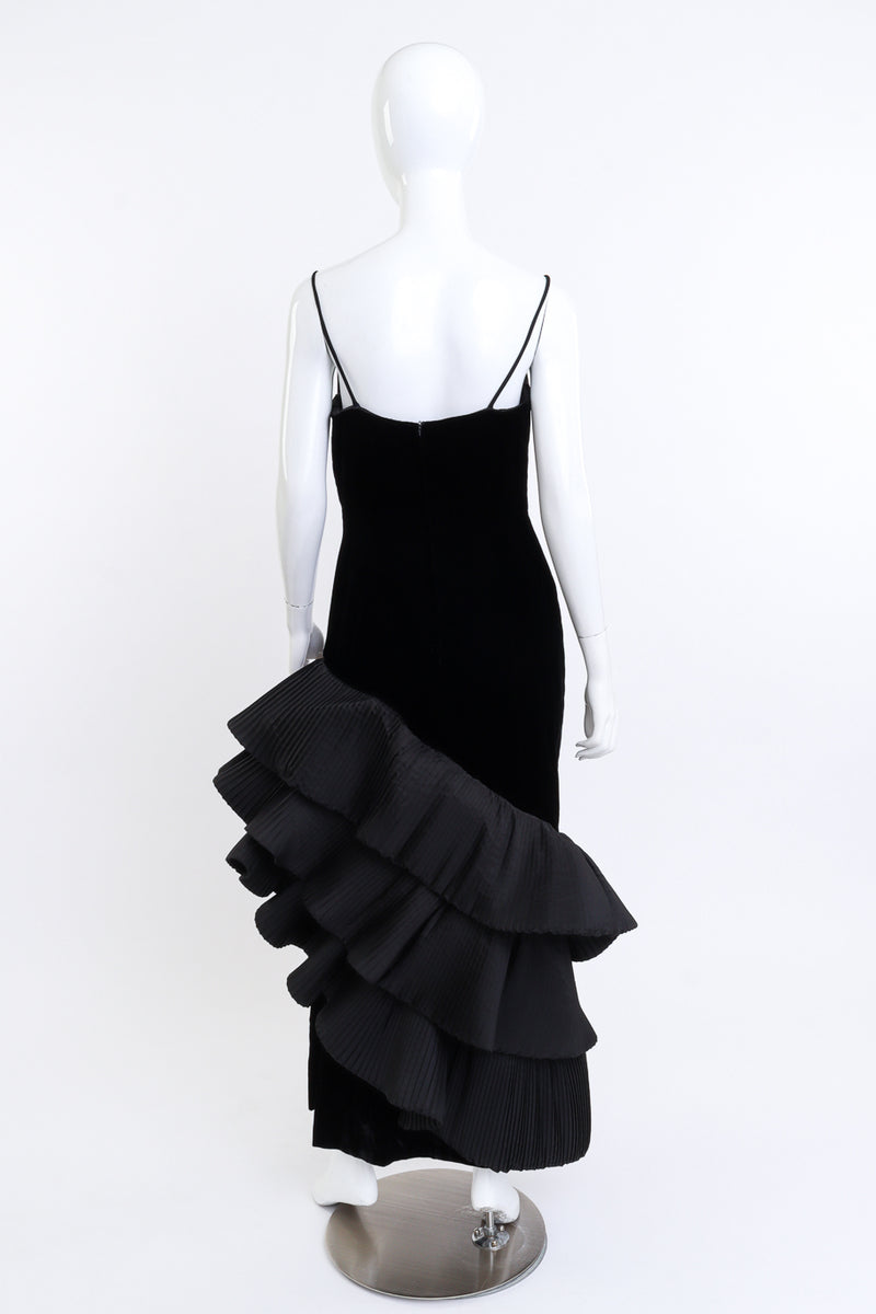 Vintage Victor Costa Asymmetric Ruffle Velvet Dress back on mannequin @recess la